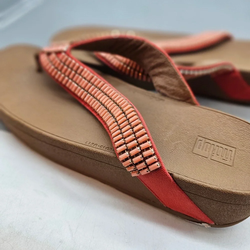 FitFlop Lulu Crystal Stone Lava Coral Beaded Wedge Sandals V04-699 Womens 11
